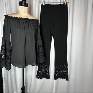 NEW Joseph Ribkoff 2 Piece Set Sz 6 | Bell Sleeve‎ Top - Flare Pants| Lace Trim